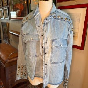 Free People Studded Light Wash Denim Shirt Jacket - Silver Stud Accents